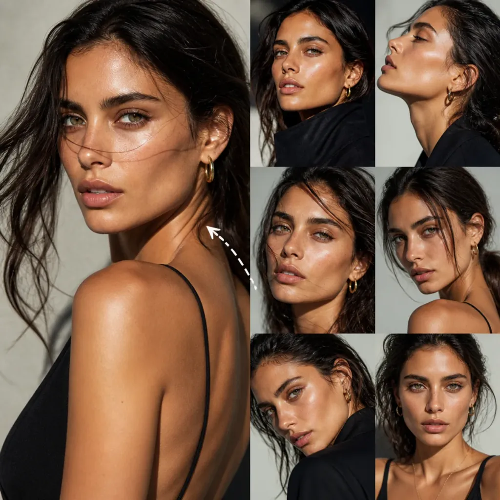 Step 2: Contact Sheet Workflow — Upload the fashion editorial and product image. Generate 8 distinct angle variations using AI image generation.